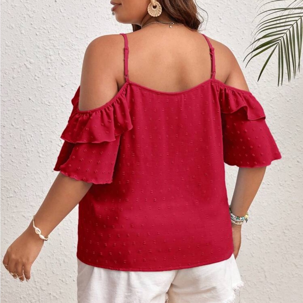Plus Size Ruffle Off The Shoulder Top Blouse Shirt Red - Picture 2 of 4